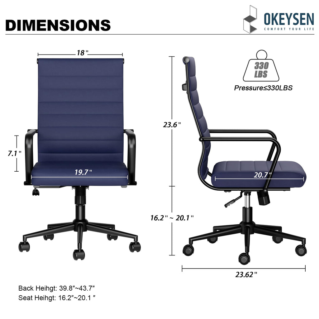Blue Leather Office Desk Chair, Conference Room Chairs Executive Chair Ribbed, Ergonomic Height Adjustable Swivel Rolling Chair for Home Office.
