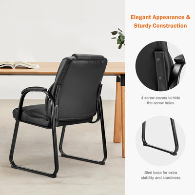 Waiting Room Guest Chair Set of 6, Leather Stationary Office Reception Chairs No Wheel, Comfy Padded Arms and Seld Base, for Conference Room Lobby Home Desk Bedroom Elderly, Black