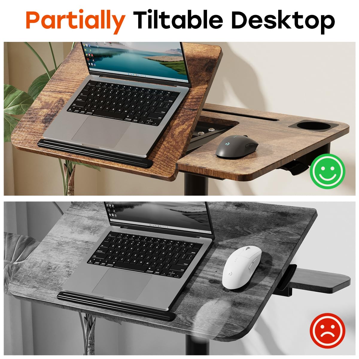 Mobile Standing Desk, Height Adjustable Table, 60° Tiltable Rolling Laptop Desk, Portable Sit Stand Desk with Wheels Cup Holder for Bed Couch Hospital, Holds Up to 22lbs, Rustic
