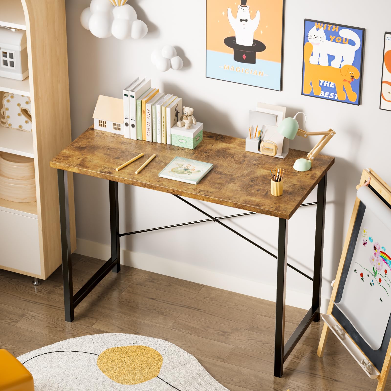 Computer Small Office Desk 32 Inch Student Study Writing Work with Metal Frame Wood Tabletop Modern Simple PC Home Bedroom Table, Rustic Brown