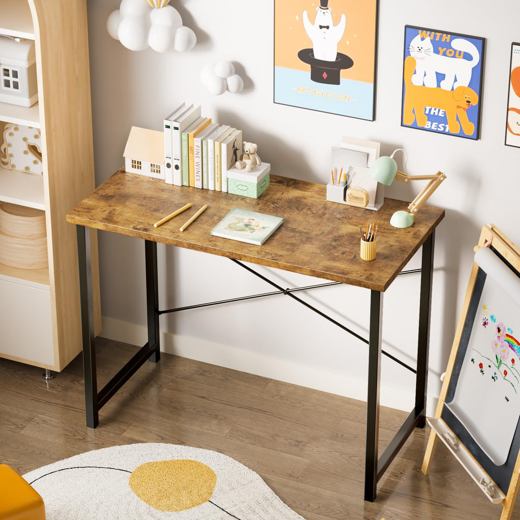 Computer Small Office Desk 32 Inch Student Study Writing Work with Metal Frame Wood Tabletop Modern Simple PC Home Bedroom Table, Rustic Brown