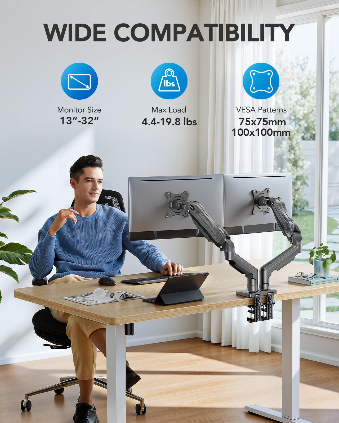 Dual Monitor Stand, Fully Adjustable Monitor Desk Mount for 13–32″ Computer Screens, Full Motion VESA 75x75/100x100 with C-Clamp & Grommet Base, Each Arm Holds 4.4 to 19.8 lbs -Grey