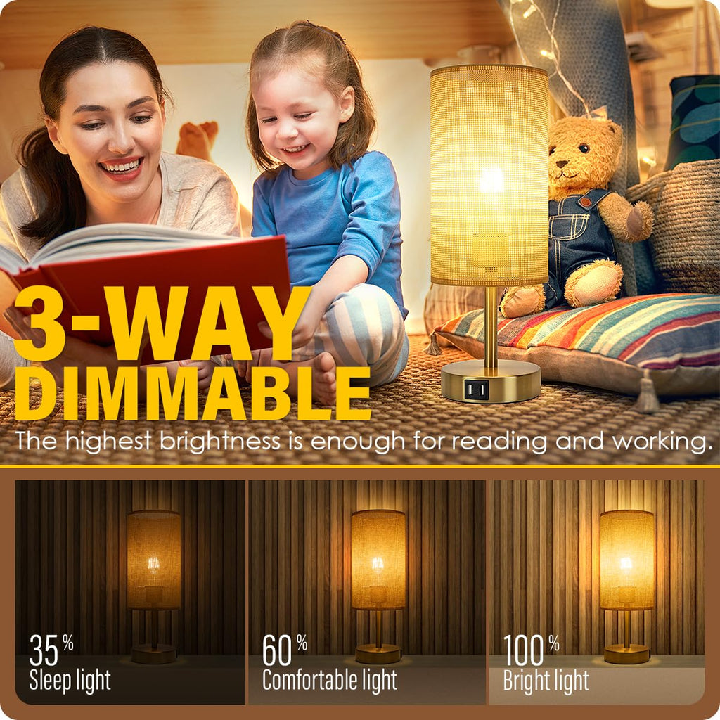 Bedside Lamp with USB Port - Touch Control Table Lamp for Bedroom Wood 3 Way Dimmable Nightstand Lamp with Round Flaxen Fabric Shade for Home Office (LED Bulb Included) (Y - NET)