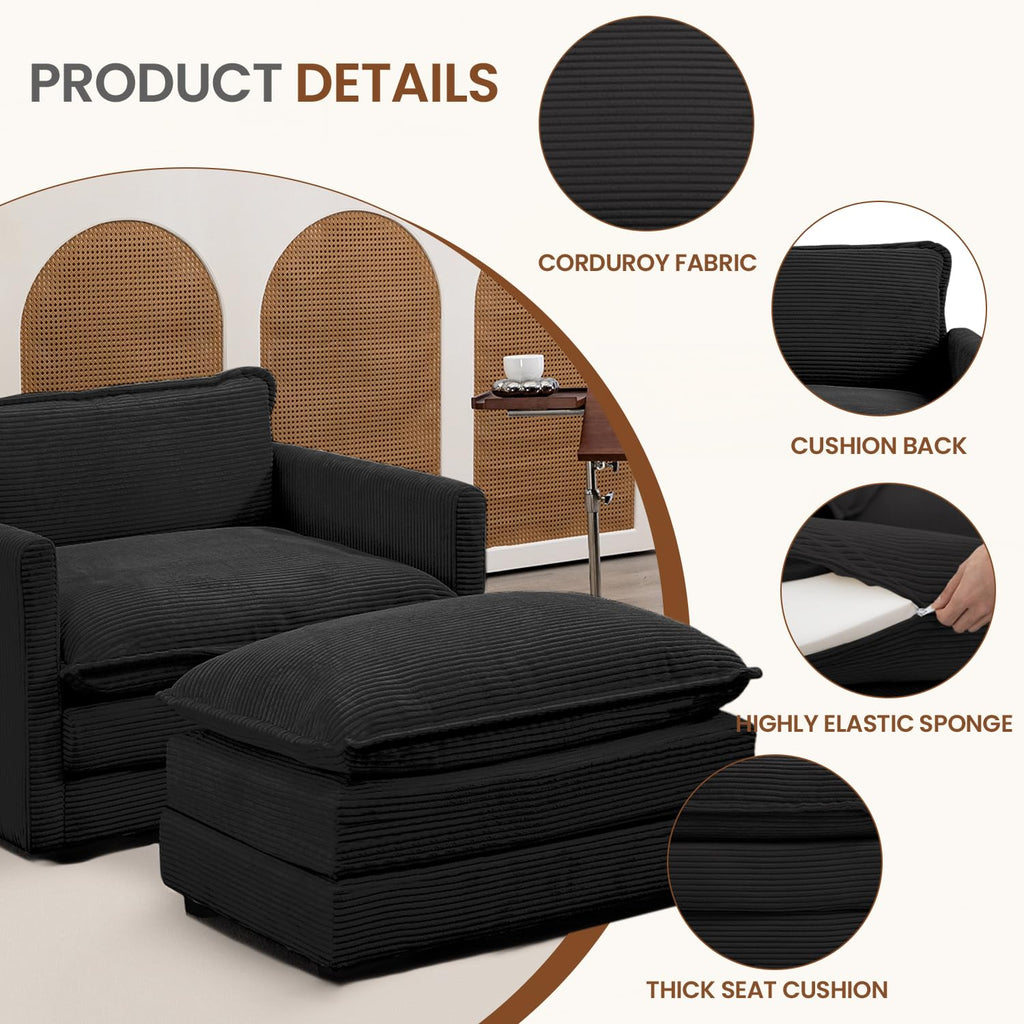 Single Armchair with Ottoman, Modern Corduroy Cloud Couch with Convertible Chaise, Upholstered Sofa Set for Living Room, Black
