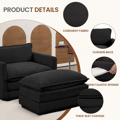 Single Armchair with Ottoman, Modern Corduroy Cloud Couch with Convertible Chaise, Upholstered Sofa Set for Living Room, Black