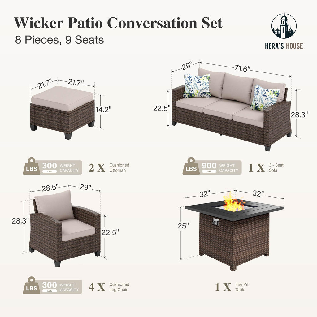 8 Pieces Wicker Patio Furniture Set with Fire Pit Table, 4 x Single Chair, 2 x Ottoman, 3-Seat Sofa and 32" Fire Pit Table, Outdoor Rattan Conversation Set for Garden, Poolside, Backyard