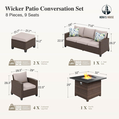 8 Pieces Wicker Patio Furniture Set with Fire Pit Table, 4 x Single Chair, 2 x Ottoman, 3-Seat Sofa and 32