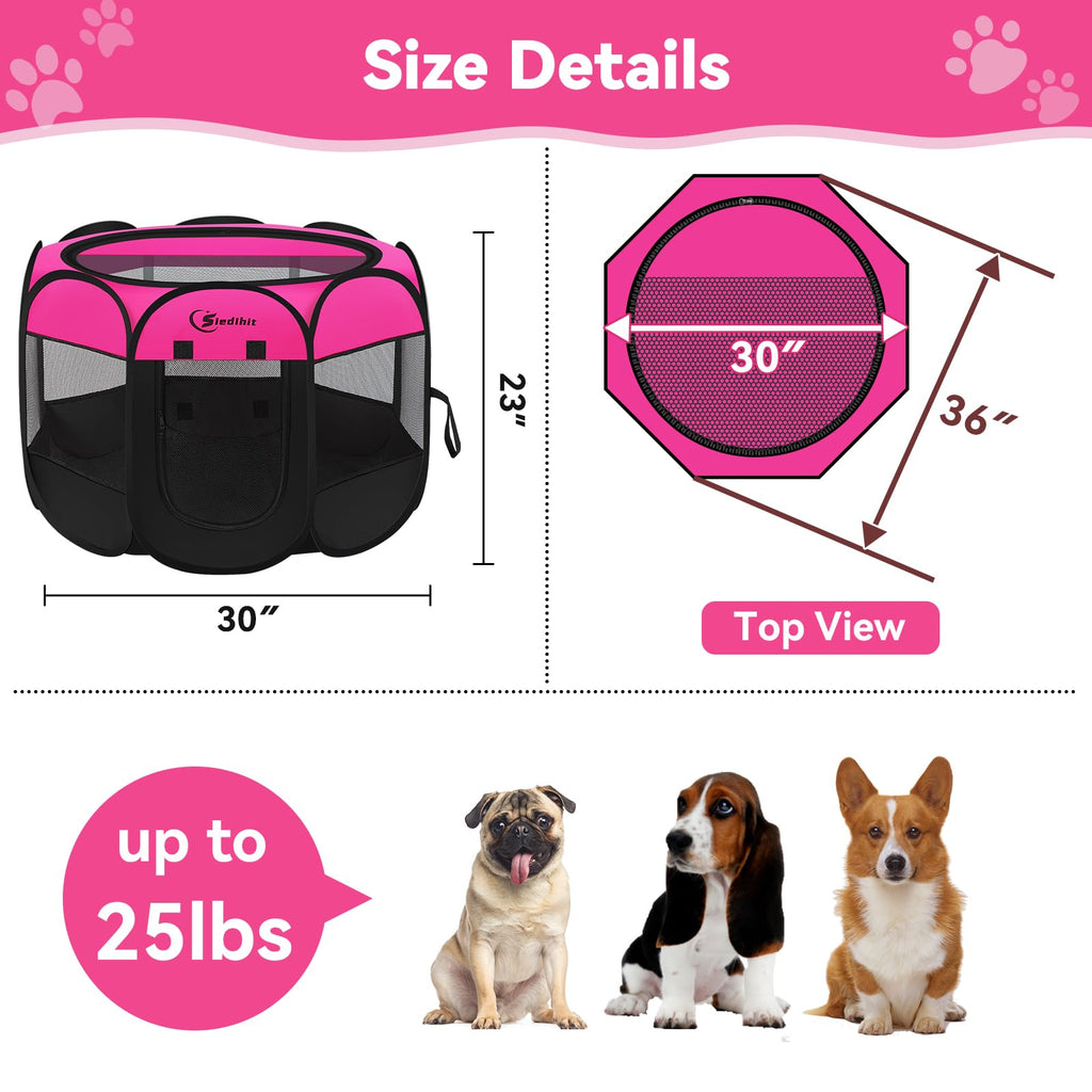 Dog Playpen, Medium Puppy Pet Playpen, Dog Crate Tent Cage Indoor/Outdoor, Portable Pop Up Dogs Kennel Playpen with Carrying Case for Dogs/Cats/Rabbits, Hot Pink