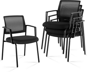 Black-4pack, Mesh Back Stacking Arm Chairs, Office Reception Guest Chair with Upholstered Fabric Seat and Ergonomic Lumber Support, Sturdy Metal Office Chairs