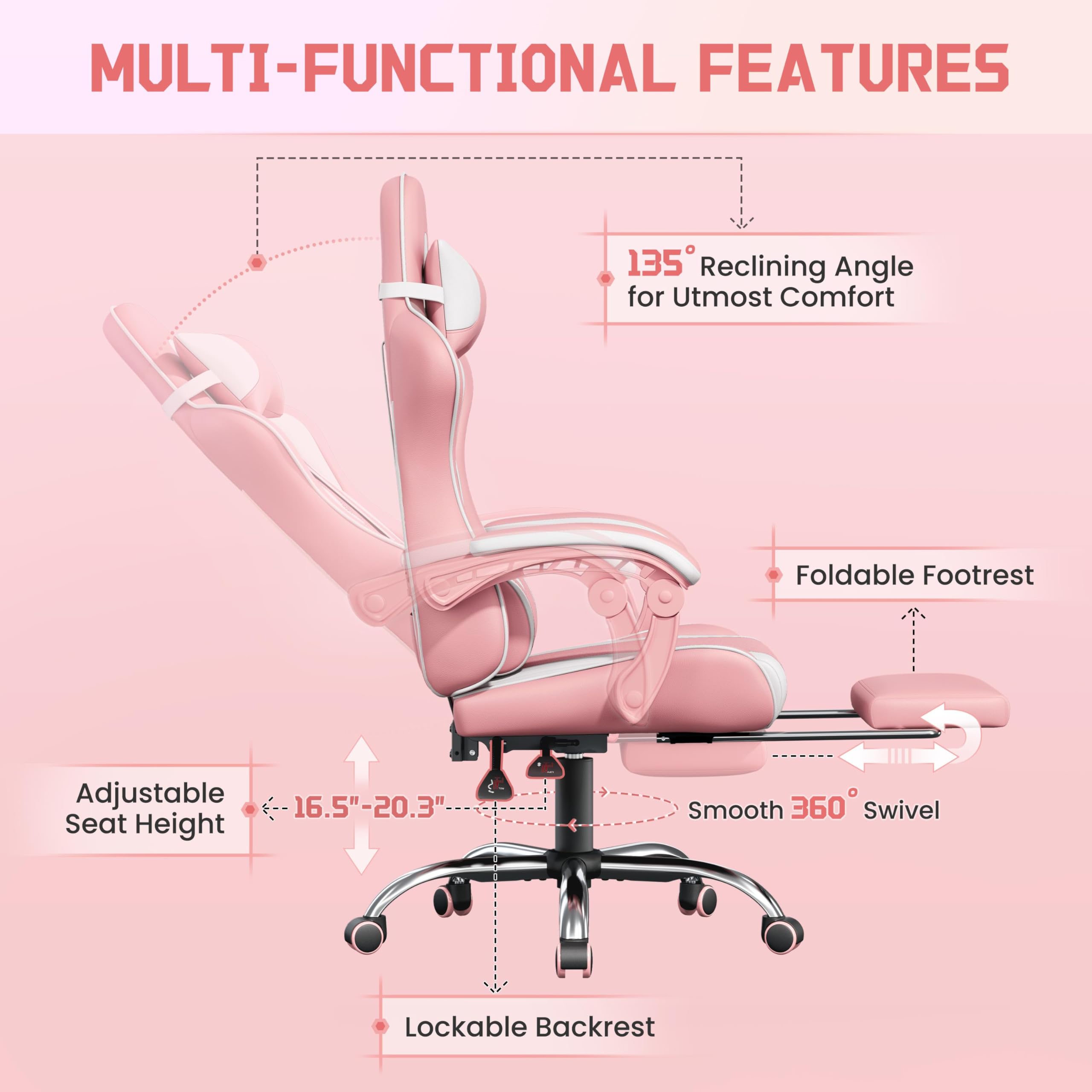 Gaming Chair, Video Game Chair with Massage Lumbar Support and Footrest Height Adjustable Ergonomic Computer Chair with Swivel Seat and Headrest, Pink/White