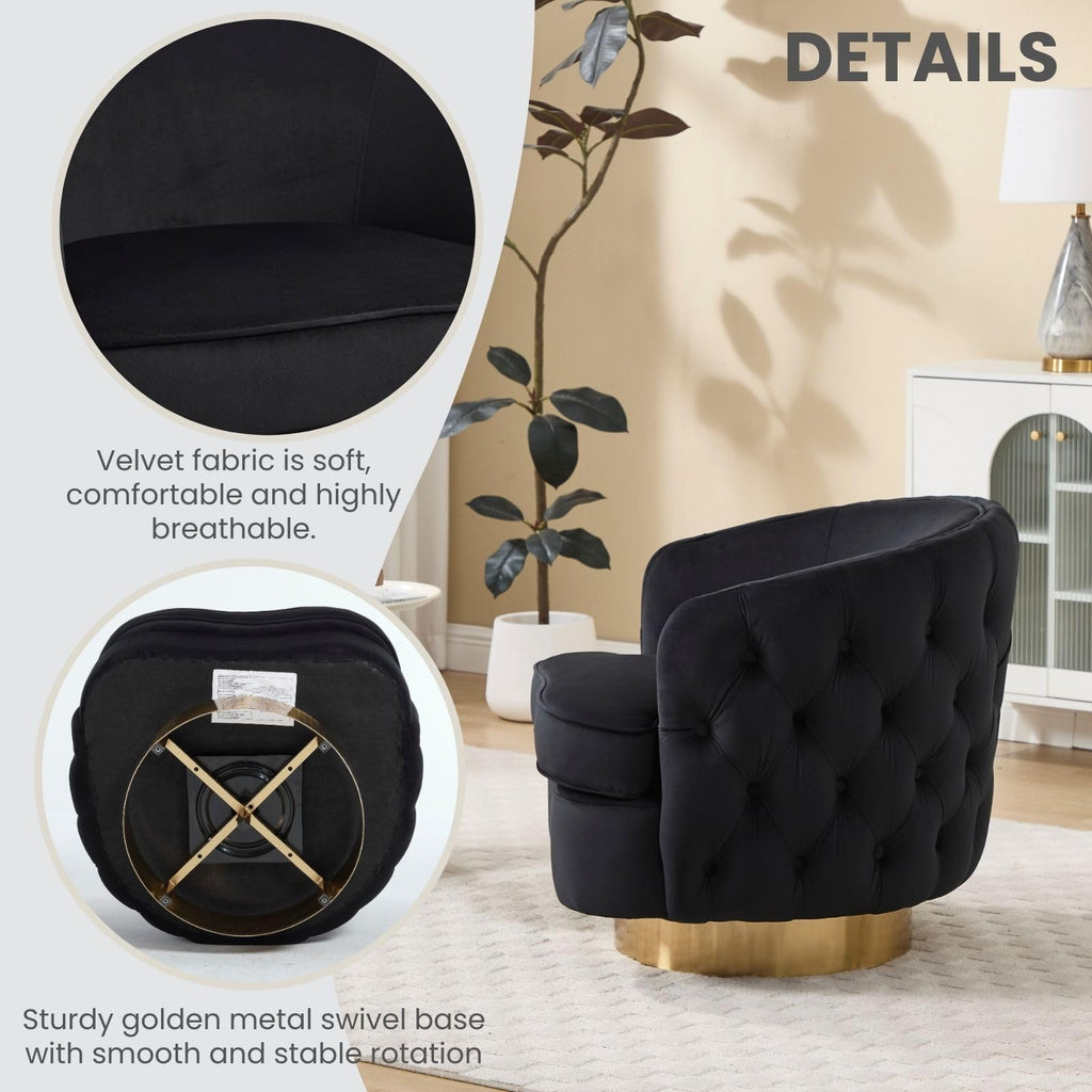 360 Degree Swivel Barrel Accent Chair, Modern Tufted Velvet Upholstered Round Arm Chair with Tall Backrest, Side Reading Seat Single Sofa for Living Room, Black