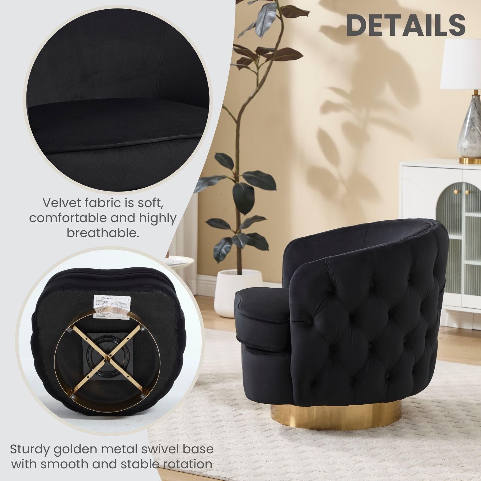 Black Swivel Barrel Accent Chair Set of 2, Modern Tufted Velvet Upholstered Round Arm Chair with Tall Backrest, Side Reading Seat for Living Room,Bedroom
