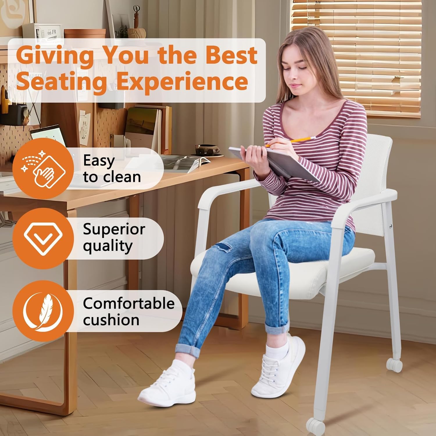 Set of 8, White, Stacking Office Chairs with Wheels | Mesh Back, Thicken Leather Seat and Streamline Armrests, Ergonomic Lumber Support | School, Desk, Guest Reception, Waiting, Conference |
