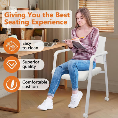 Set of 8, White, Stacking Office Chairs with Wheels | Mesh Back, Thicken Leather Seat and Streamline Armrests, Ergonomic Lumber Support | School, Desk, Guest Reception, Waiting, Conference |