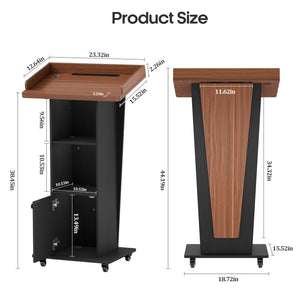 15° Tilted Podium Stand with Storage & Lockable Wheels, Wooden Lectern with Adjustable Shelf, Mobile Portable Pulpit for Classroom, Church, Office (Black Brown)
