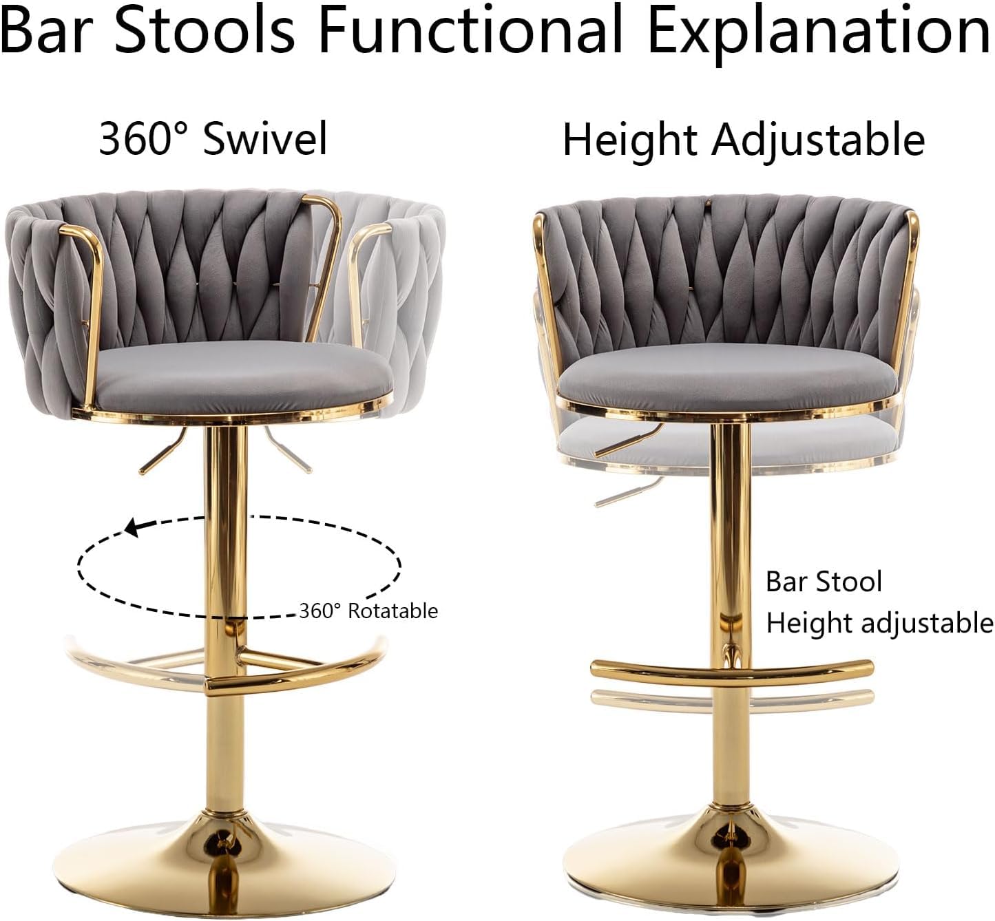 Gold Velvet Bar Stools Set of 3, Swivel Counter Height Bar Stools with Back, Adjustable Woven Barstools for Kitchen Island, Pub, Club (Grey)