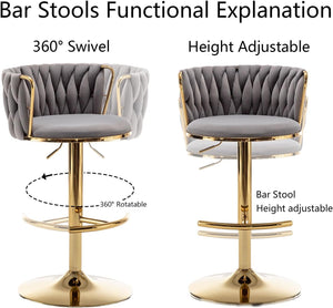 Gold Velvet Bar Stools Set of 3, Swivel Counter Height Bar Stools with Back, Adjustable Woven Barstools for Kitchen Island, Pub, Club (Grey)