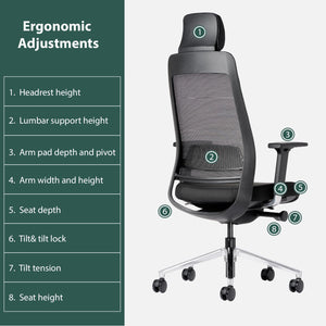 Ergonomic Mesh Office Chair with Headrest, High Back Executive Chair, 4D Adjustable Armrests, Adjustable Lumbar Support, Sliding Seat & Multi-Position Tilt Lock, Aluminum Base – Black