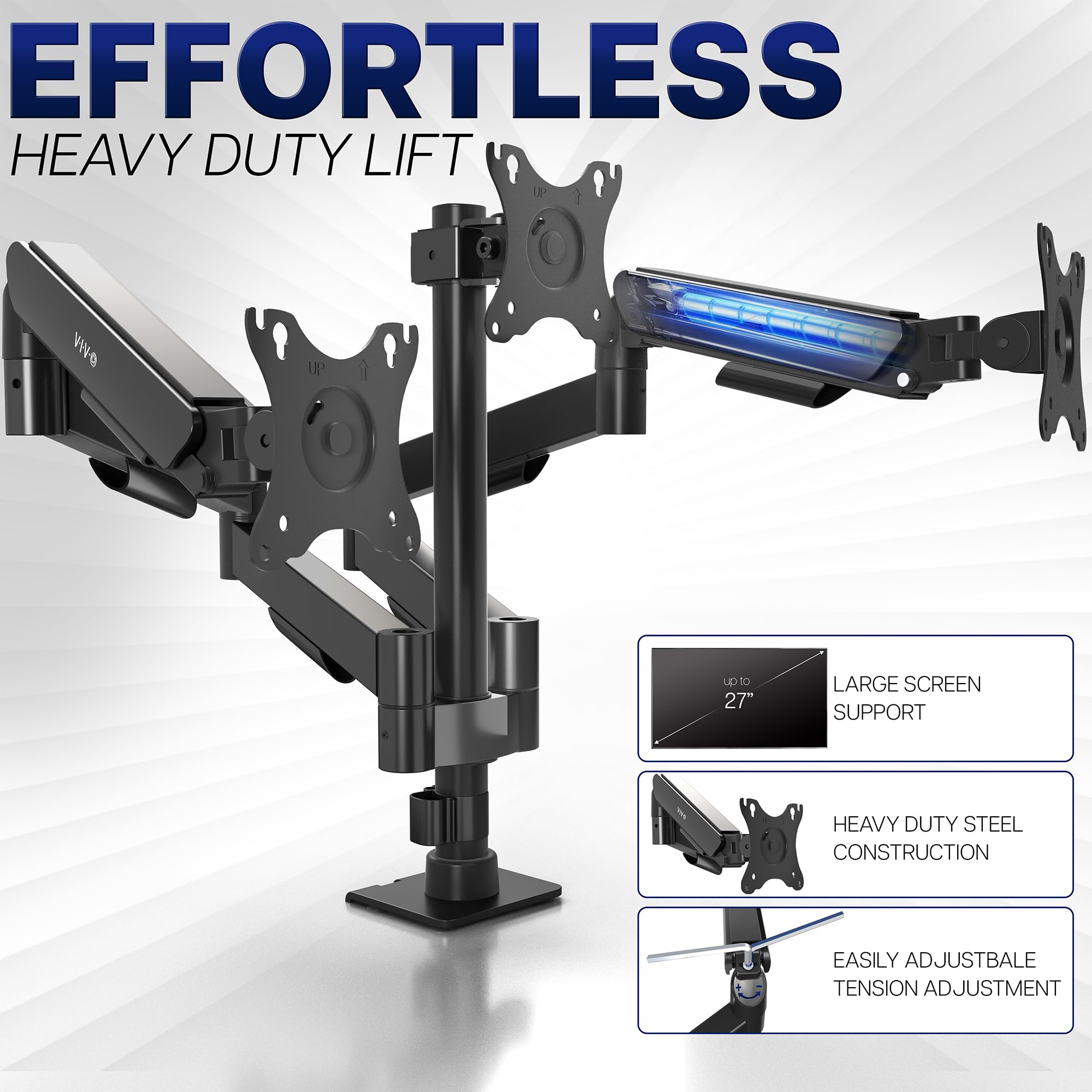 Triple Monitor Stand, Fully Adjustable Arms for 17 to 27 inch Screens, Mechanical Articulating Desk Mount, Gaming and Office Setups, VESA 75x75, 100x100, Max 19.8 lbs, Classic, Black, STAND-V003O