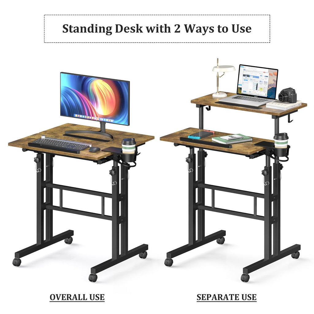 Small Standing Desk with Wheels, Mobile Stand Up Desk, Portable Standing Table on Wheels for Walking Pad, Rolling Computer Desk Adjustable Height, Tall Table