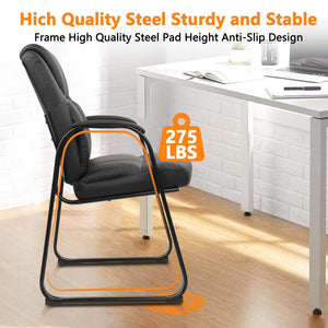 Classic Leather Soft Reception Chair with Padded Armrests and Sled Base, Executive Guest Chair for Office Computer Desk Conference Waiting Meeting Room, Black (2 Pack)