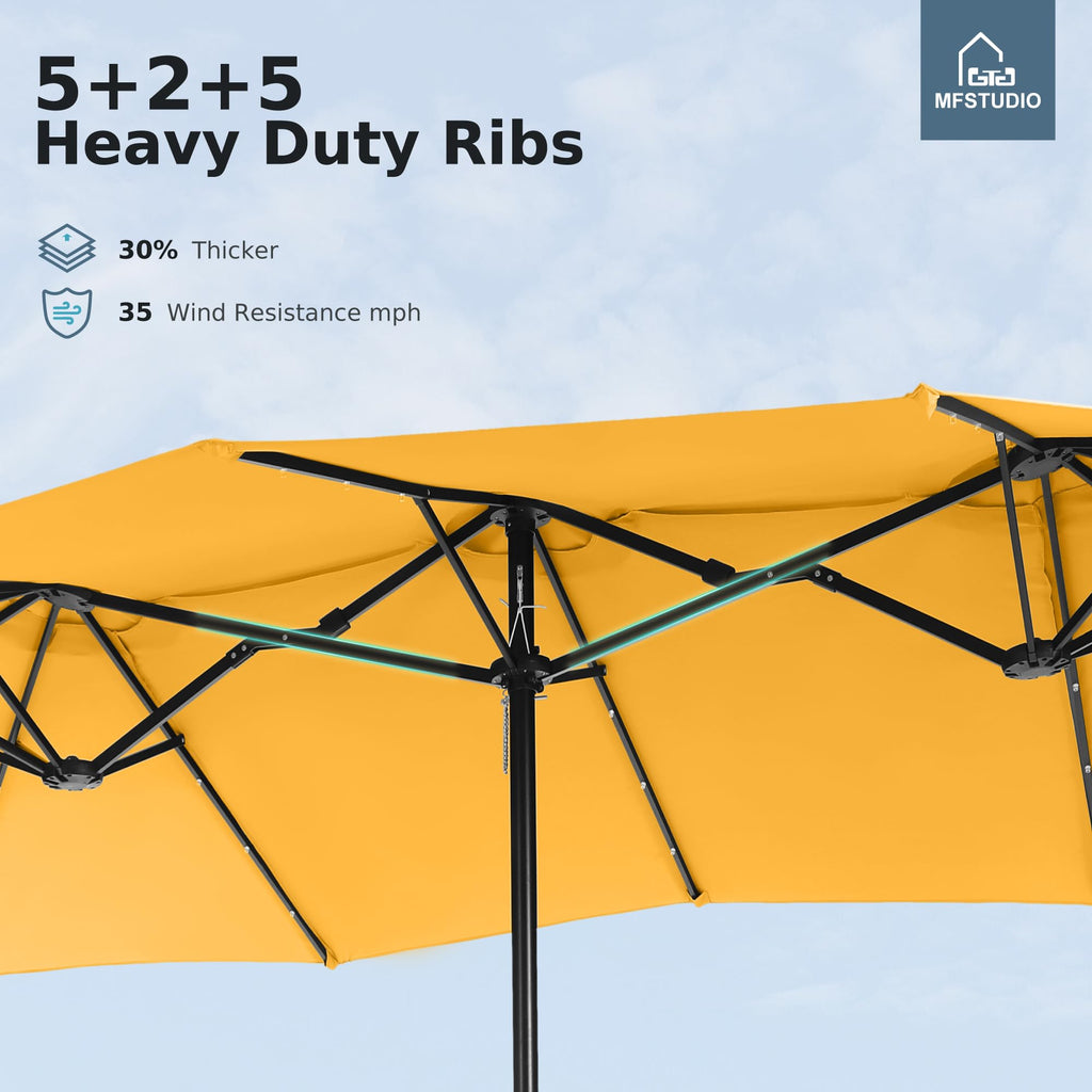 15ft Double Sided Patio Umbrella with Solar Lights, Outdoor Large Umbrellas with Crank Handle and 36 LED Lights, Rectangular Market Umbrella with Base Included for Deck Pool, Gold Yellow