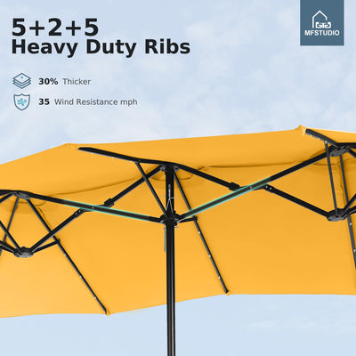 15ft Double Sided Patio Umbrella with Solar Lights, Outdoor Large Umbrellas with Crank Handle and 36 LED Lights, Rectangular Market Umbrella with Base Included for Deck Pool, Gold Yellow