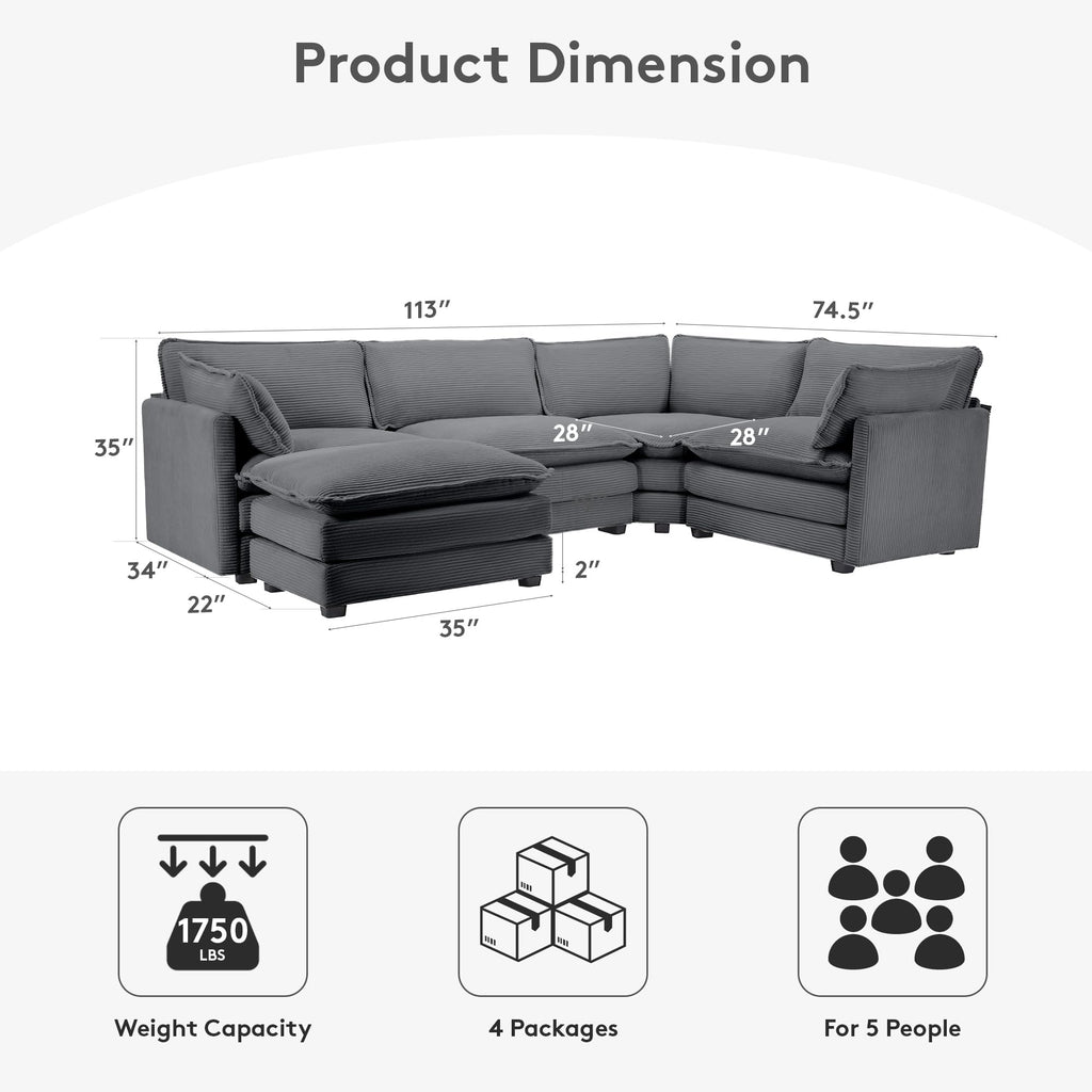 113'' Modular Sectional Cloud Corner Couch, 5 Seater L Shape Sofa Big Comfy Corduroy Oversized Couch with 2 Pillows Movable Ottoman, Deep Seat Sectional Couches for Living Room Office Dark Grey