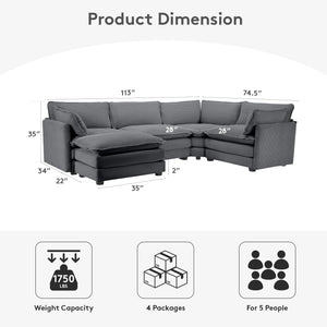113'' Modular Sectional Cloud Corner Couch, 5 Seater L Shape Sofa Big Comfy Corduroy Oversized Couch with 2 Pillows Movable Ottoman, Deep Seat Sectional Couches for Living Room Office Dark Grey
