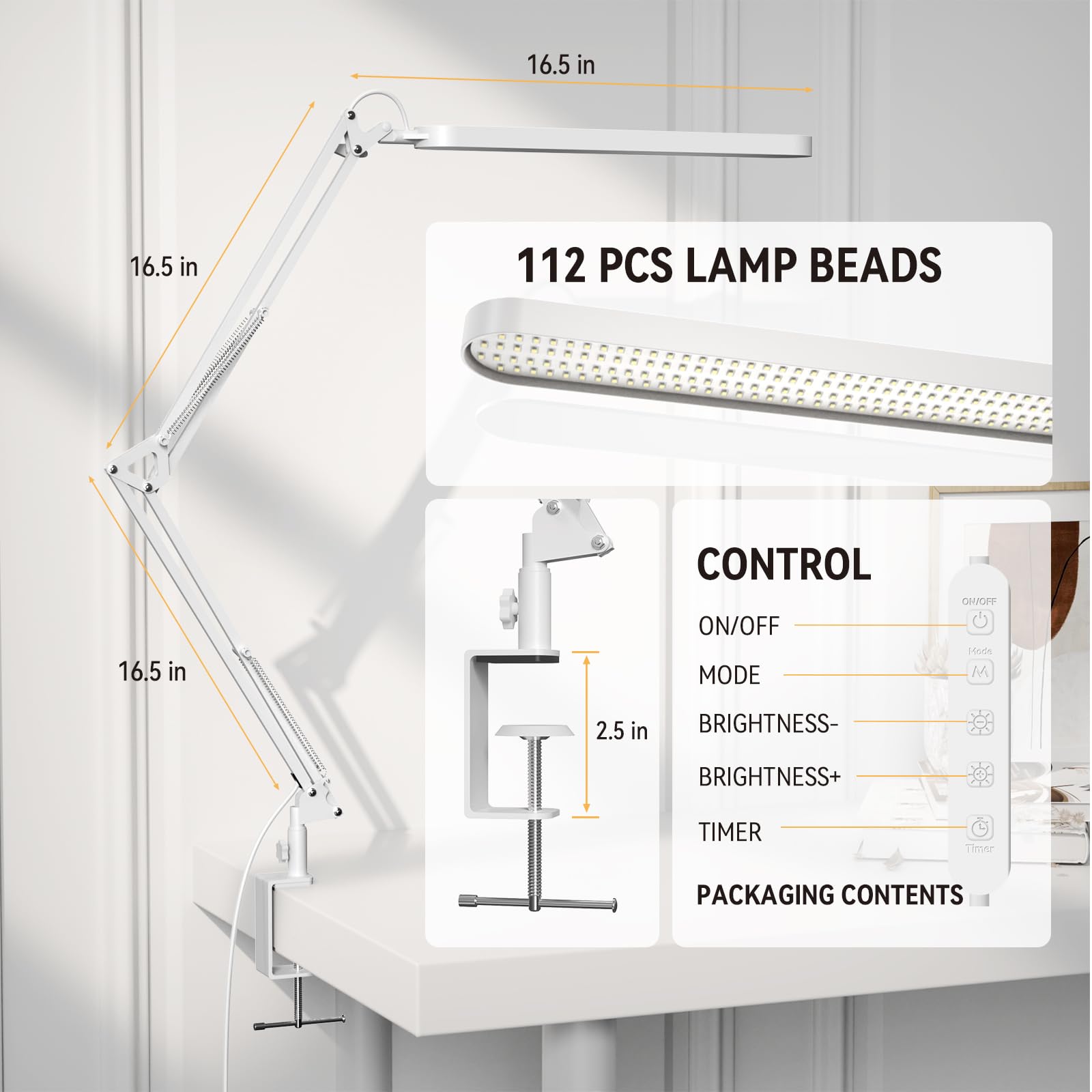 Led Desk Lamp - 31.5" Desk Light - 5 Color Modes X 11 Brightness Levels - Adjustable Swing Arm - Timmer & Memory Function - 12W Study Lamp - White