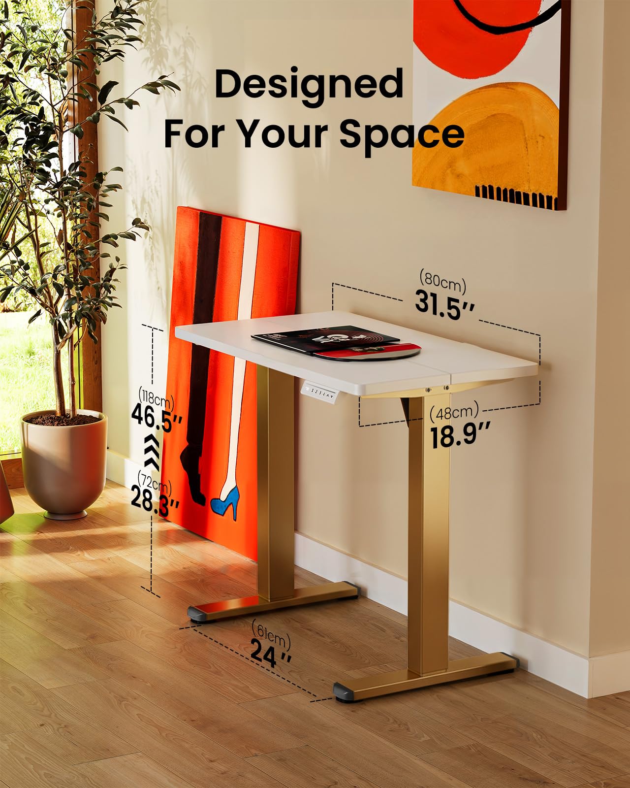 Height Adjustable Electric Standing Desk, 32 x 19 Inches Sit Stand up Desk, Memory Computer Home Office Desk, White+Gold