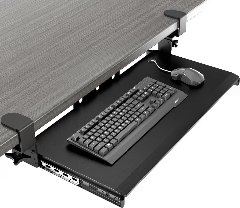 Keyboard Tray Under Desk Pull Out with Extra Sturdy Adjustable C Clamp Mount System, 27.3 (32.5 inch Including Clamps) x 11 Inch Slide-Out Platform Computer Drawer for Typing, Black,AX01WB01