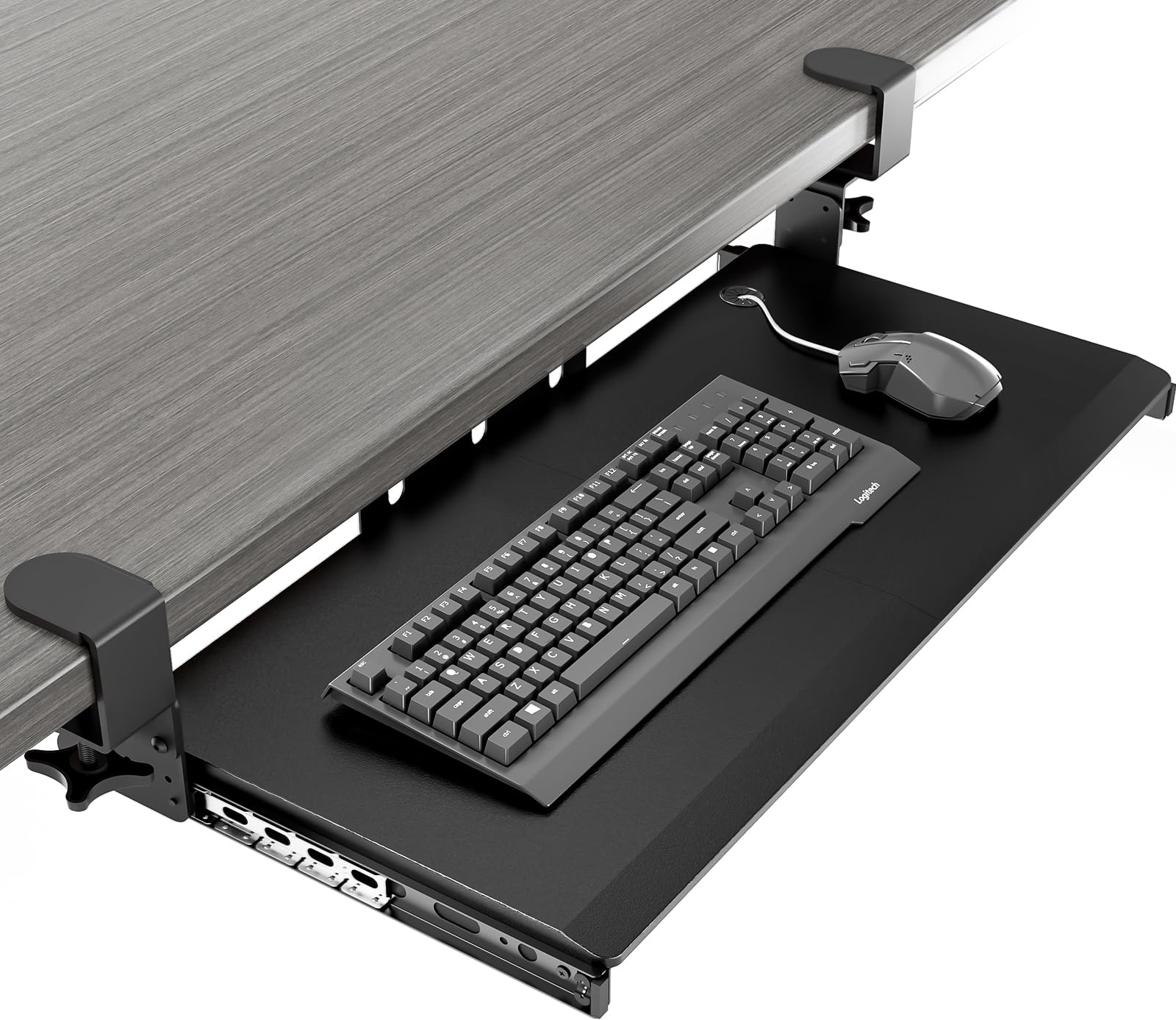 Keyboard Tray Under Desk Pull Out with Extra Sturdy Adjustable C Clamp Mount System, 27.3 (32.5 inch Including Clamps) x 11 Inch Slide-Out Platform Computer Drawer for Typing, Black,AX01WB01