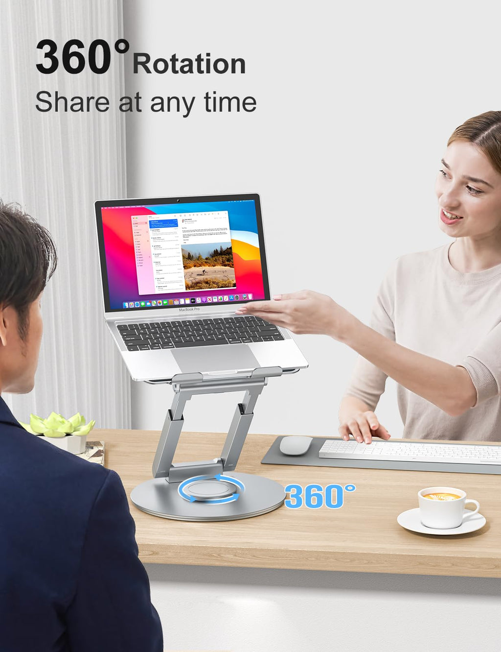Laptop Stand for Desk with 360° Swivel Base, Sit to Stand, Height Adjustable, Portable Riser Holder for Good Posture, Compatible with All Laptops 10-17"-Silver