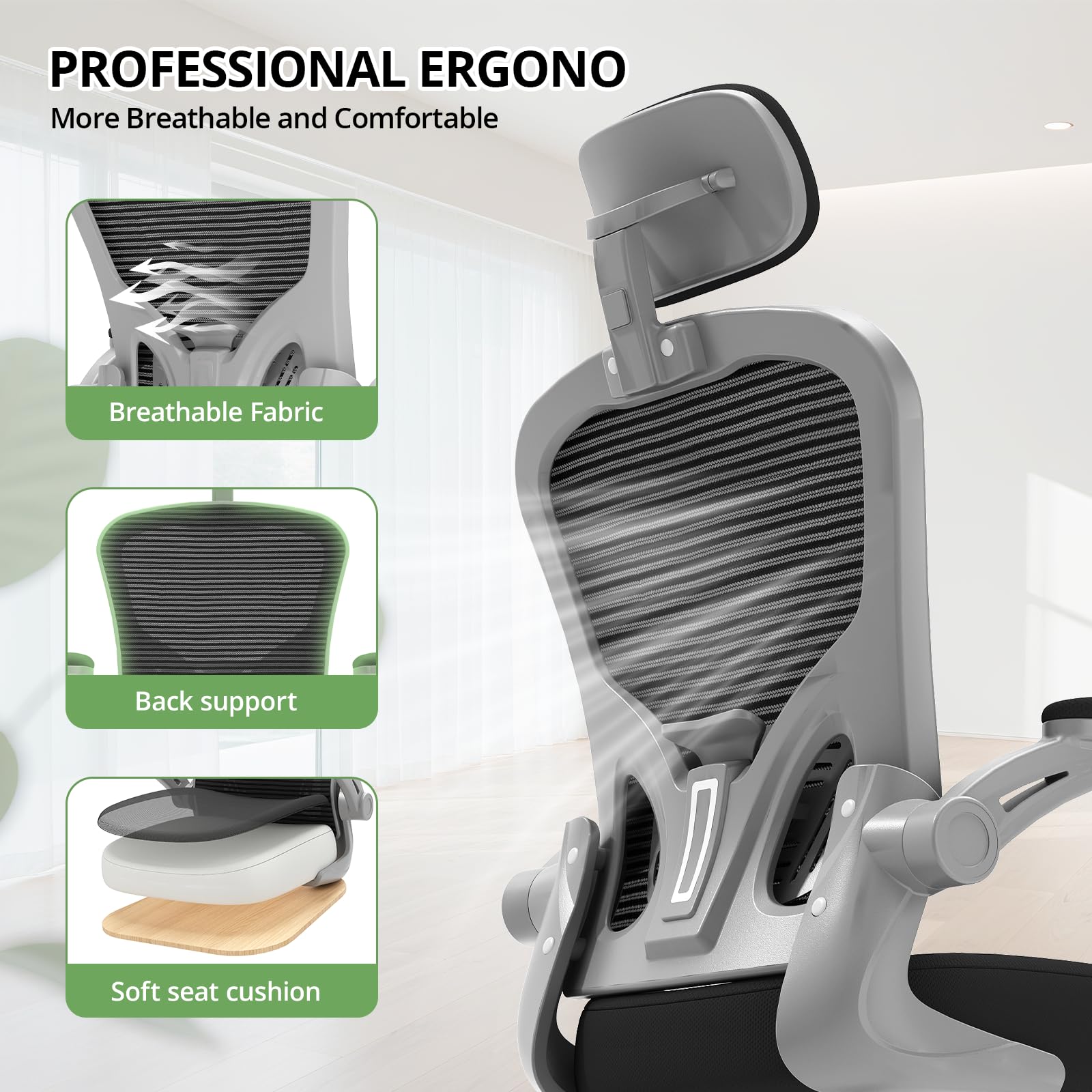 Office Chair Ergonomic Desk Chair, 330LBS Capacity, High Back Computer Design for Long Hours Comfort, Rolling Swivel for Home Office, Flip-up Armrests, Grey Black