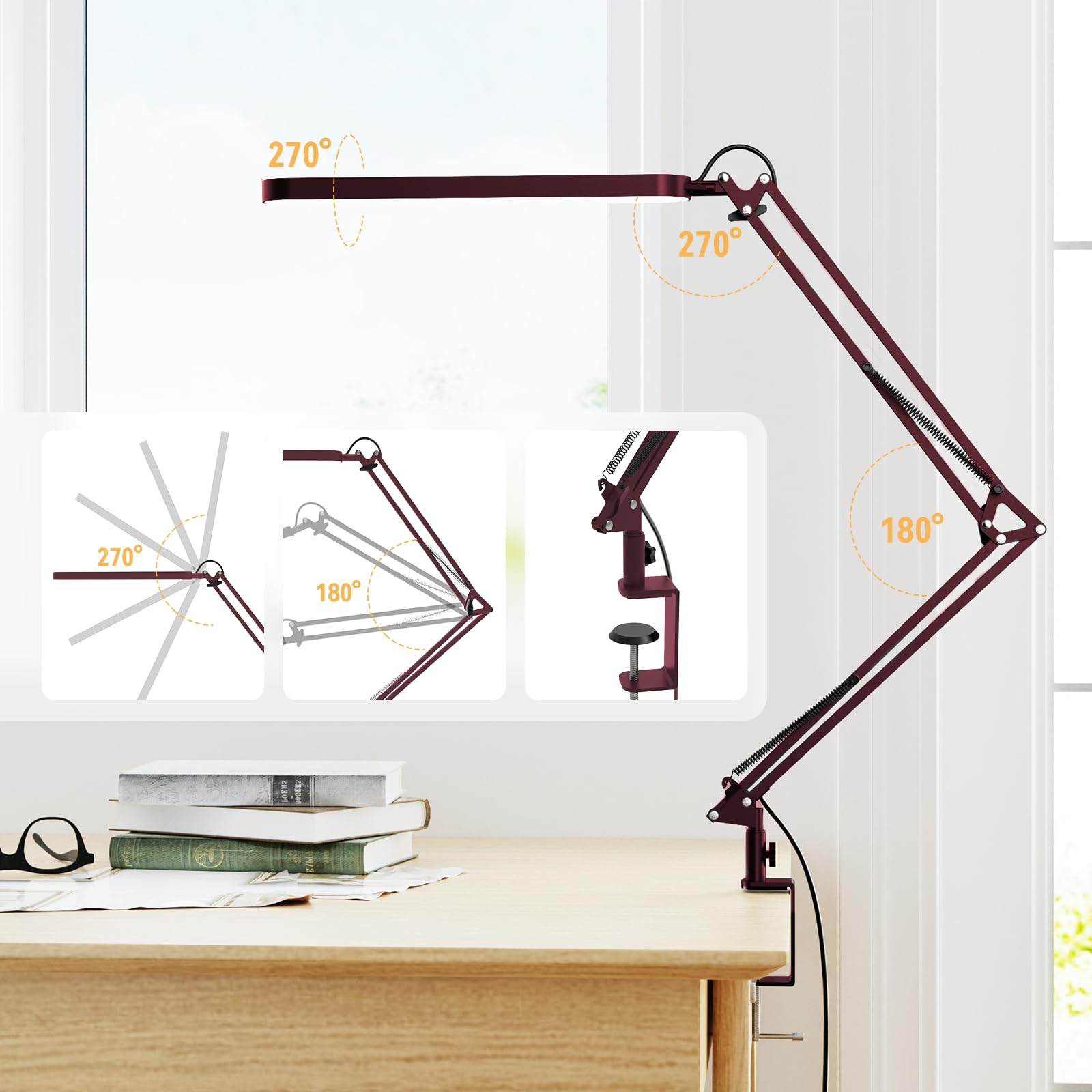 Desk Lamp - LED Desk Light - 5 Color Modes X 11 Brightness Levels - Adjustable Swing Arm - Timmer & Memory Function - 12W Lamp for Desk - Red
