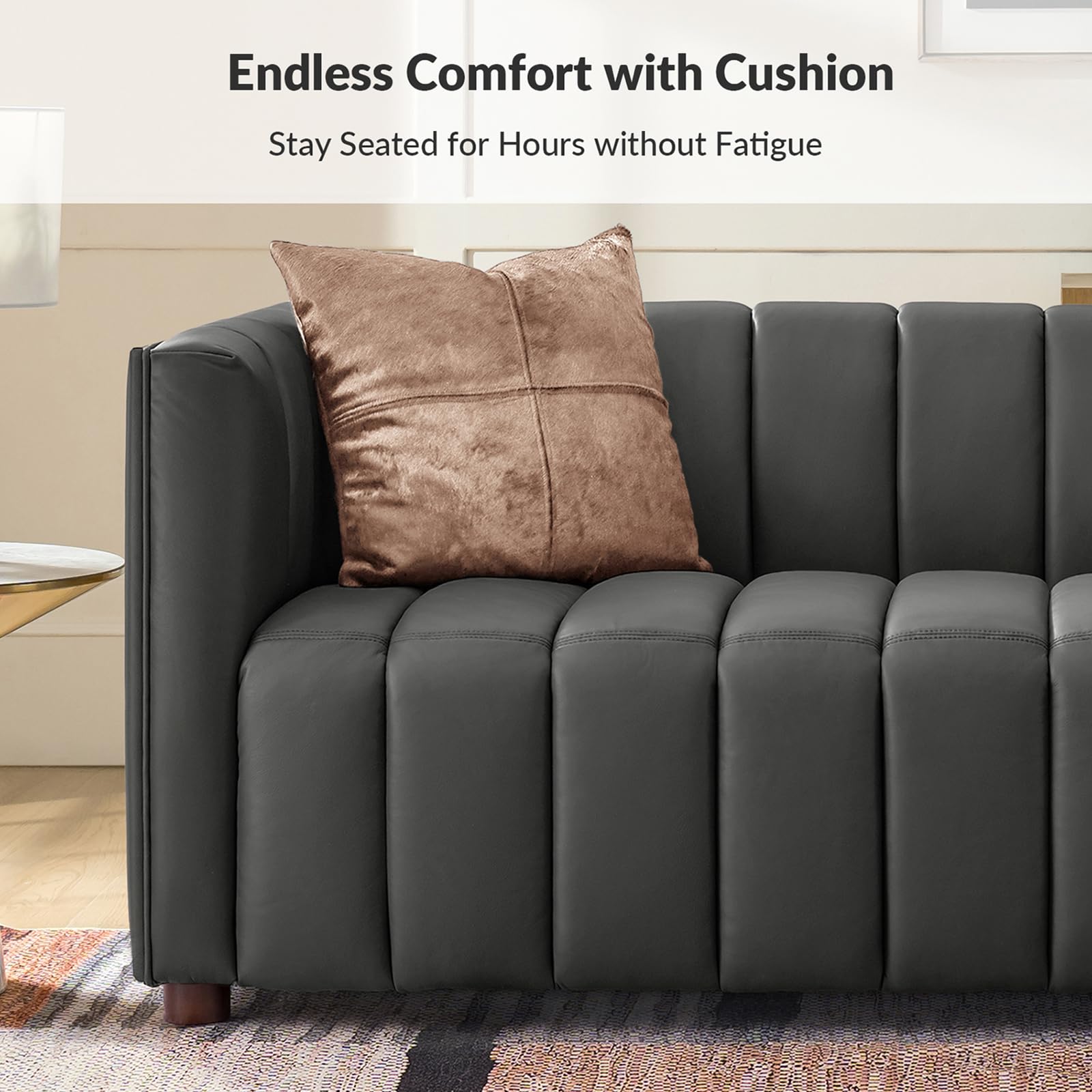83" Genuine Leather Sofa with Channel Tufted Design, 3-Seater Sofa for Living Room Bedroom, Modern Oversized Couch with Wood Legs, Charcoal