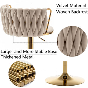 Gold Velvet Bar Stools Set of 2, Swivel Counter Height Bar Stools with Back, Adjustable Woven Barstools for Kitchen Island, Pub, Club (Beige)