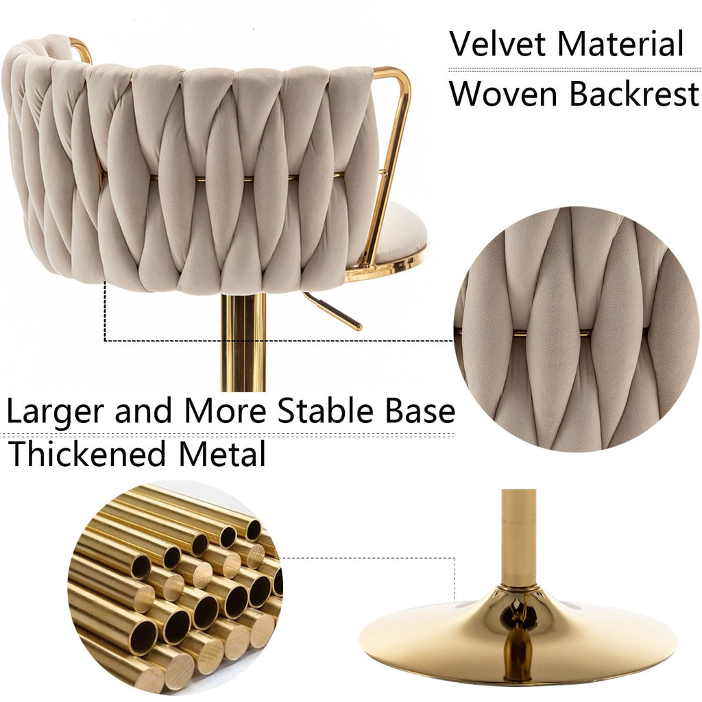 Gold Velvet Bar Stools Set of 6, Swivel Counter Height Bar Stools with Back, Adjustable Woven Barstools for Kitchen Island, Pub, Club (Beige)