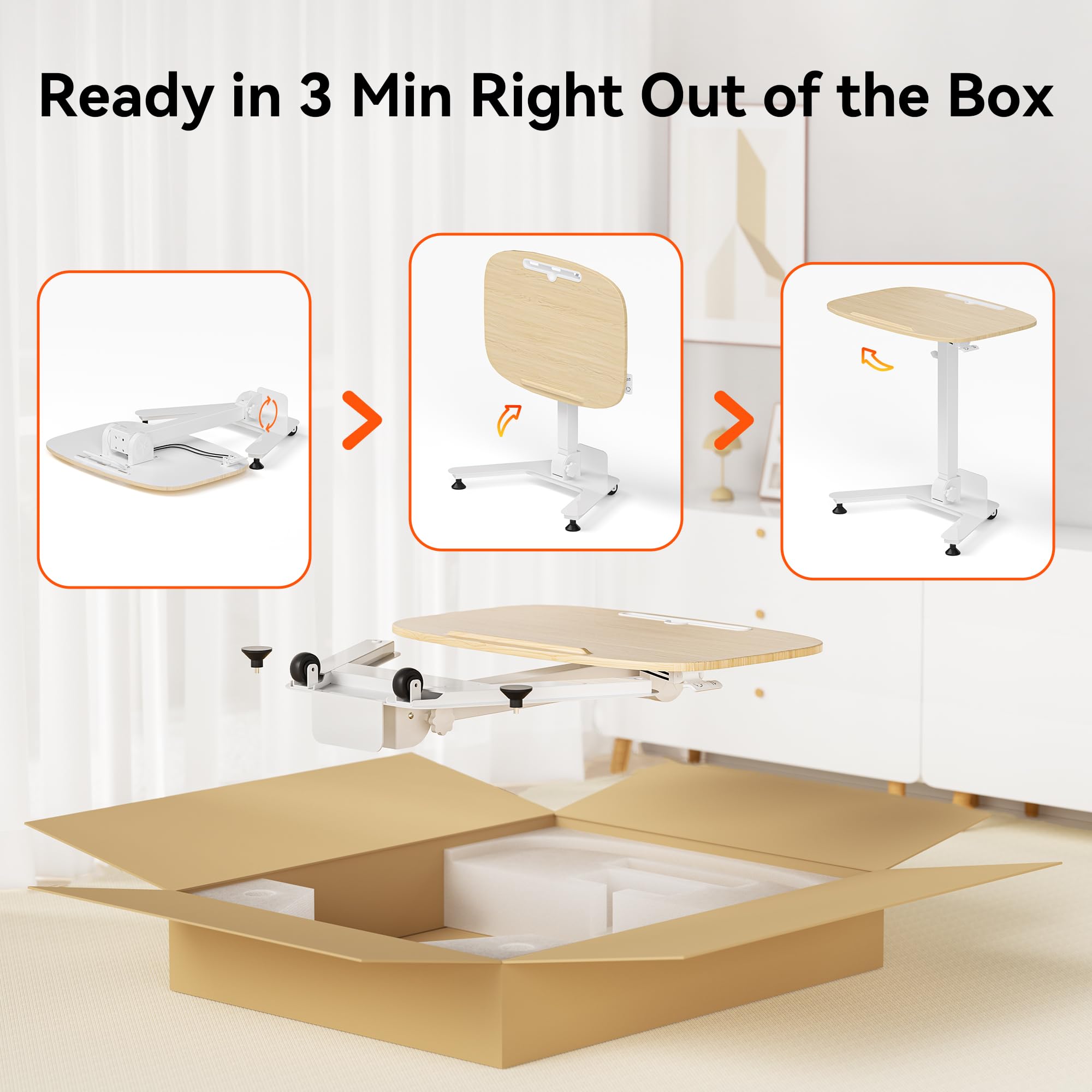 Folding Pneumatic Height Adjustable Mobile Standing Desk with 90° Tiltable Tabletop, 27.2x18.9 Inch Portable Laptop Desk with Wheels, Holds Up to 66.1lbs for Home Office, Study, Oak