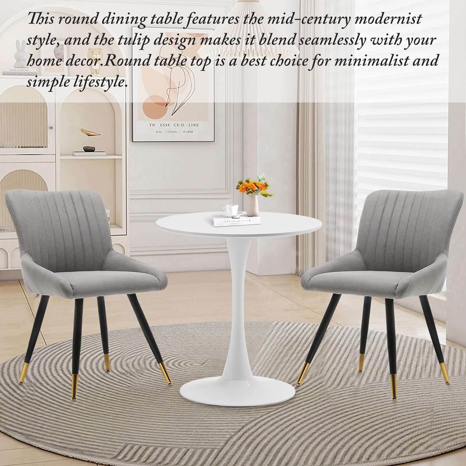 White Round Dining Table, 27.6" Tulip Table Kitchen Round Dining Table for 1-2 People with MDF Table Top and Metal Pedestal Base, Mid-Century Leisure Table for Home, Dining Room, Cafe