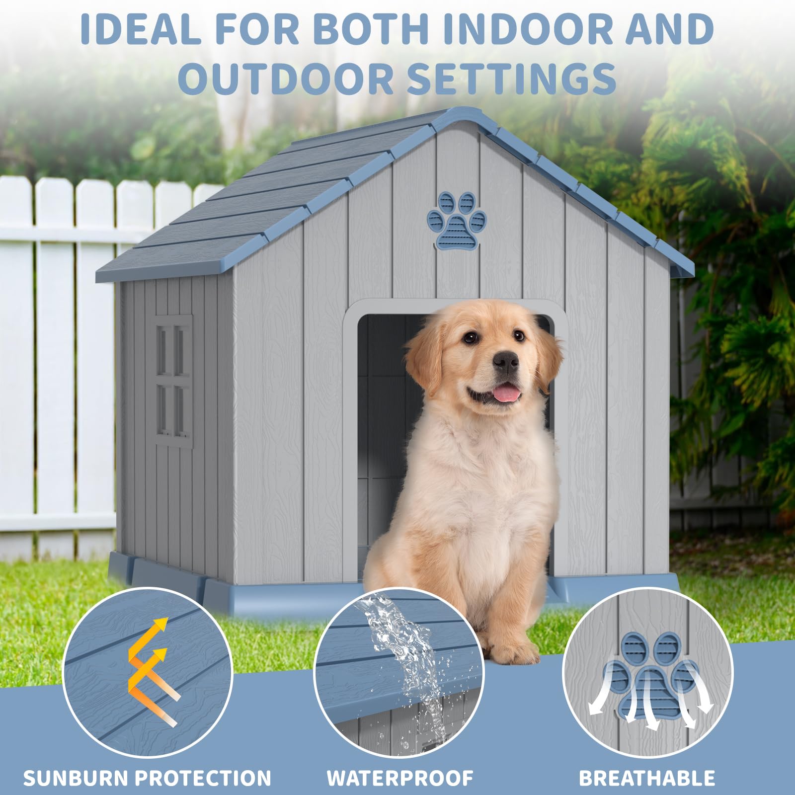 Dog House Indoor Outdoor for Small to Large Sized Dogs Indoor Outdoor Doghouse Puppy Shelter with Elevated Floor, Easy to Assemble (Blue, 31Inch(31.18 * 33.7 * 32.52))