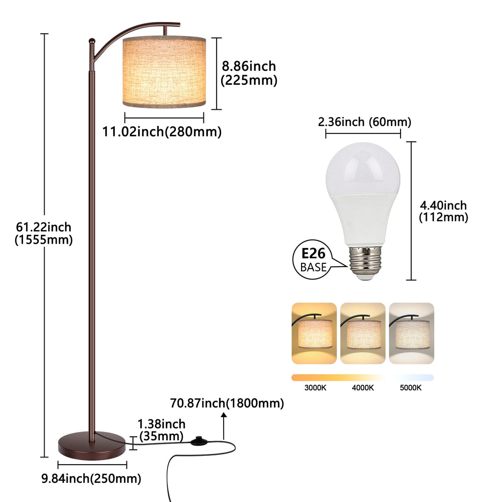 Floor Lamp for Living Room, LED Tall Industrial Standing Lamp Reading for Bedroom, Office (9W LED Bulb, Beige Lampshade Included) -Oil-Rubbed Bronze
