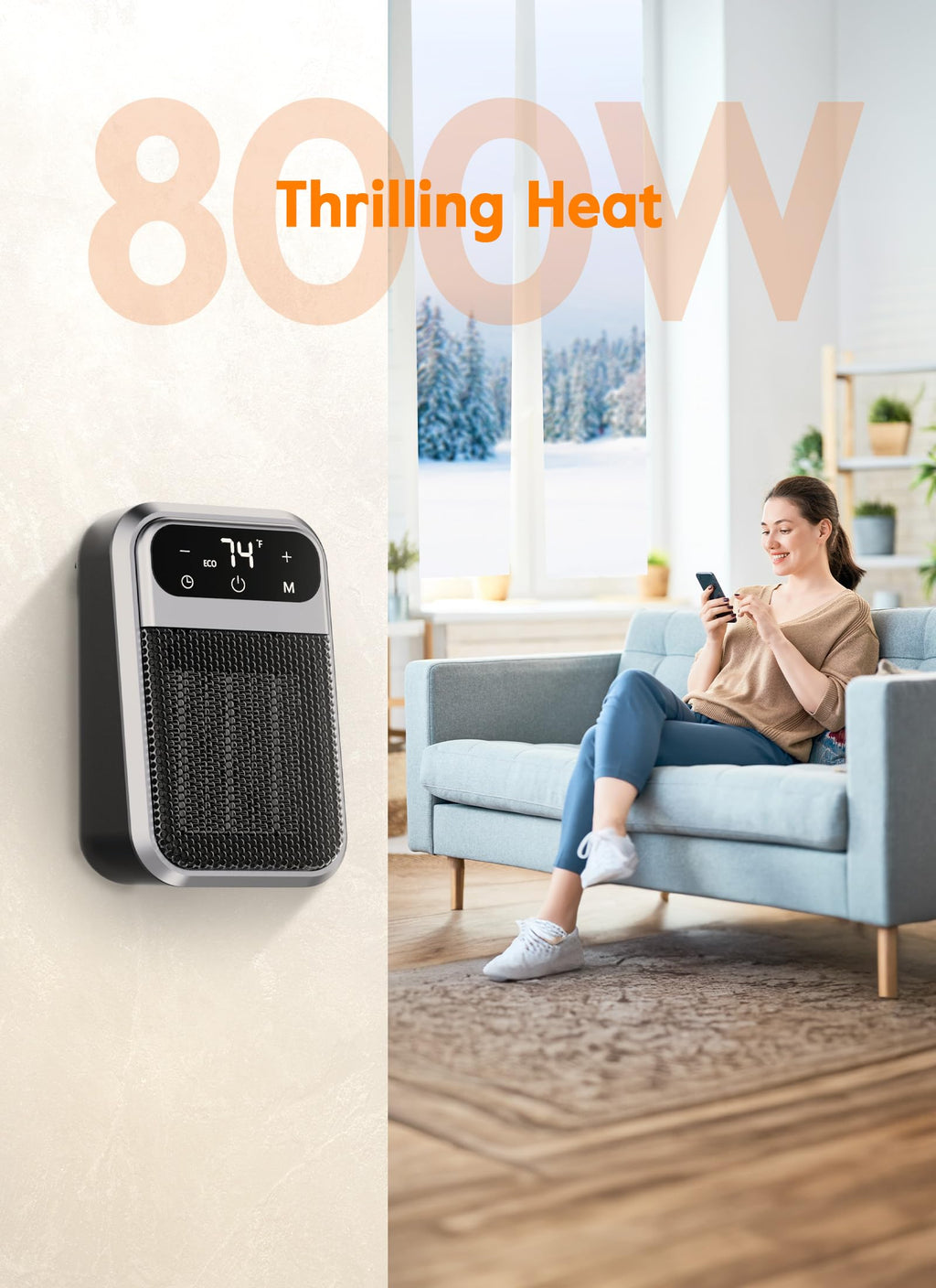 Givebest Cyber 800W Plug in Heater with ECO Mode Save Energy - Portable Outlet Space Heater, Small Electric Wall Heaters for Indoor Use with Adjustable Thermostat and 12H Timer for Bathroom Home