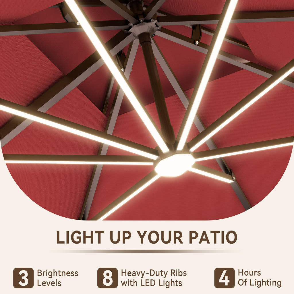 10 X 13 FT Cantilever Outdoor Patio Umbrella with Led Lights Large Heavy Duty 360°