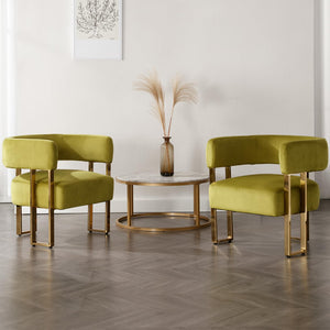 Modern Barrel Accent Chairs Set of 2, Velvet Living Room Chairs with Gold Metal Legs, Comfy Upholstered Single Sofa Armchair Side Chair for Lounge/Bedroom/Reading, Olive