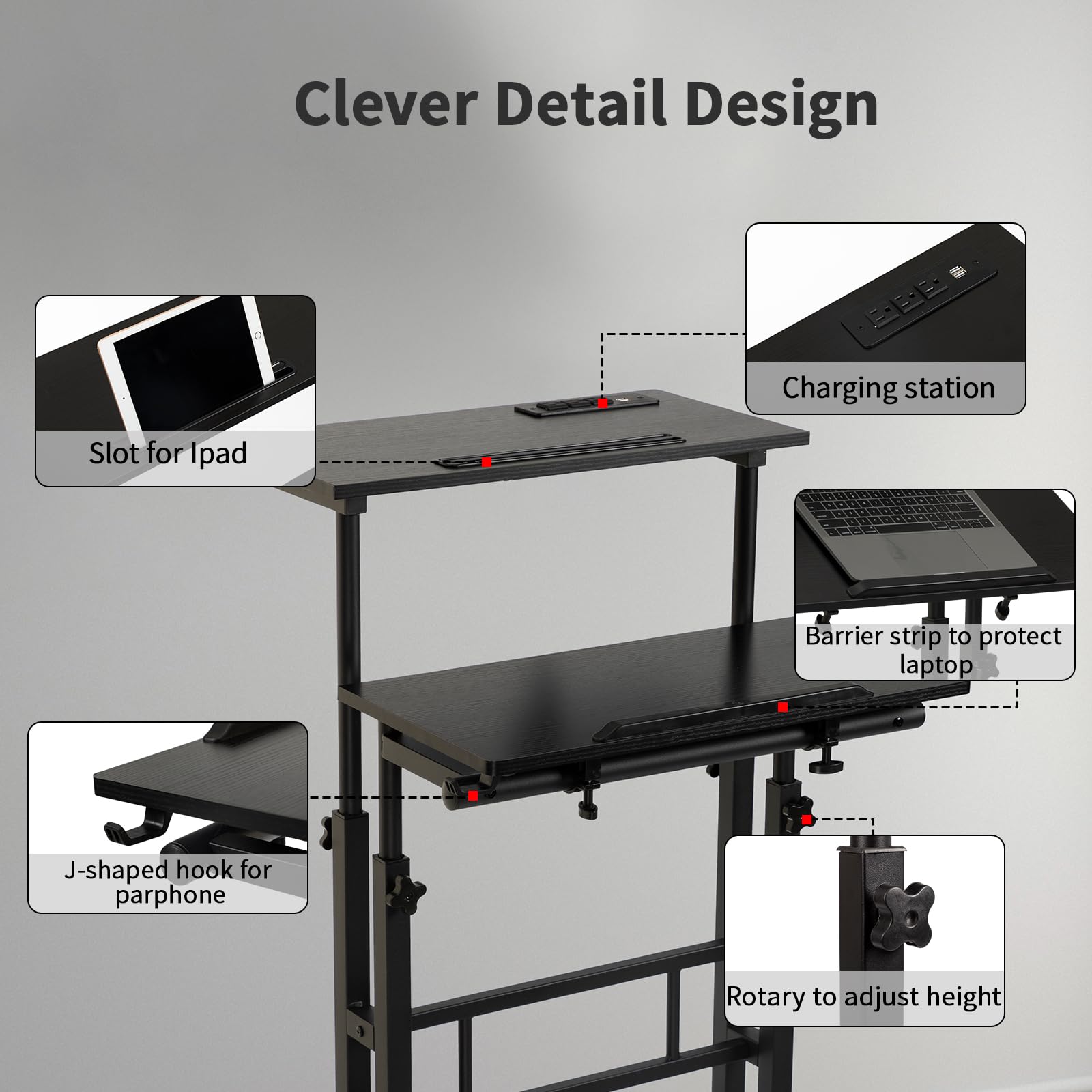 Mobile Standing Desk with Charging Station, Adjustable Standing Computer Desk, Standing Adjustable Laptop Cart with Wheels for Home Office Classroom Black