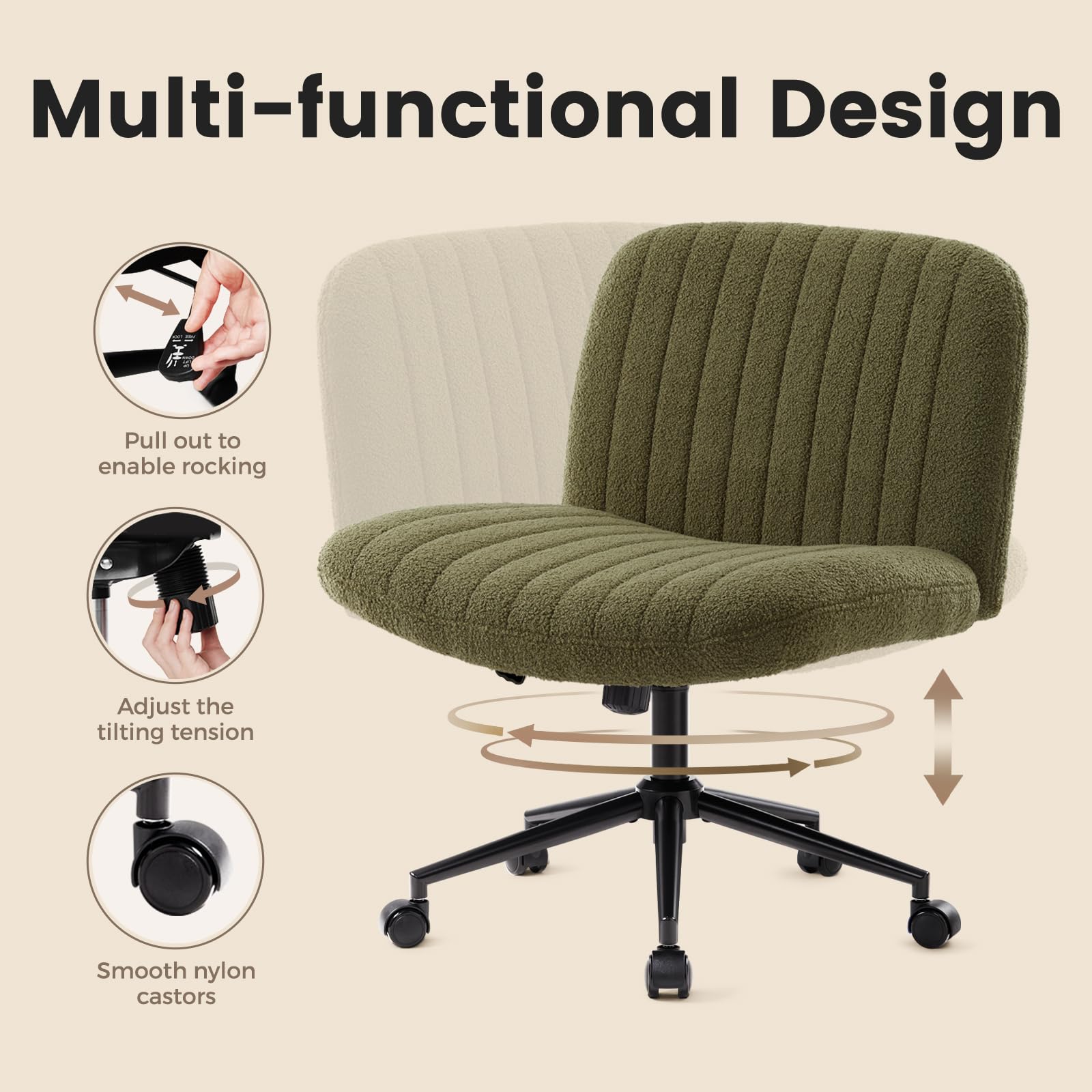 Criss Cross Chair Cross Legged Office Chair with Wheels Armless Wide Seat Desk Chairs Height Adjustable Computer Task Chairs Swivel Vanity Chair for Home Office Bedroom Make Up Small Space Green