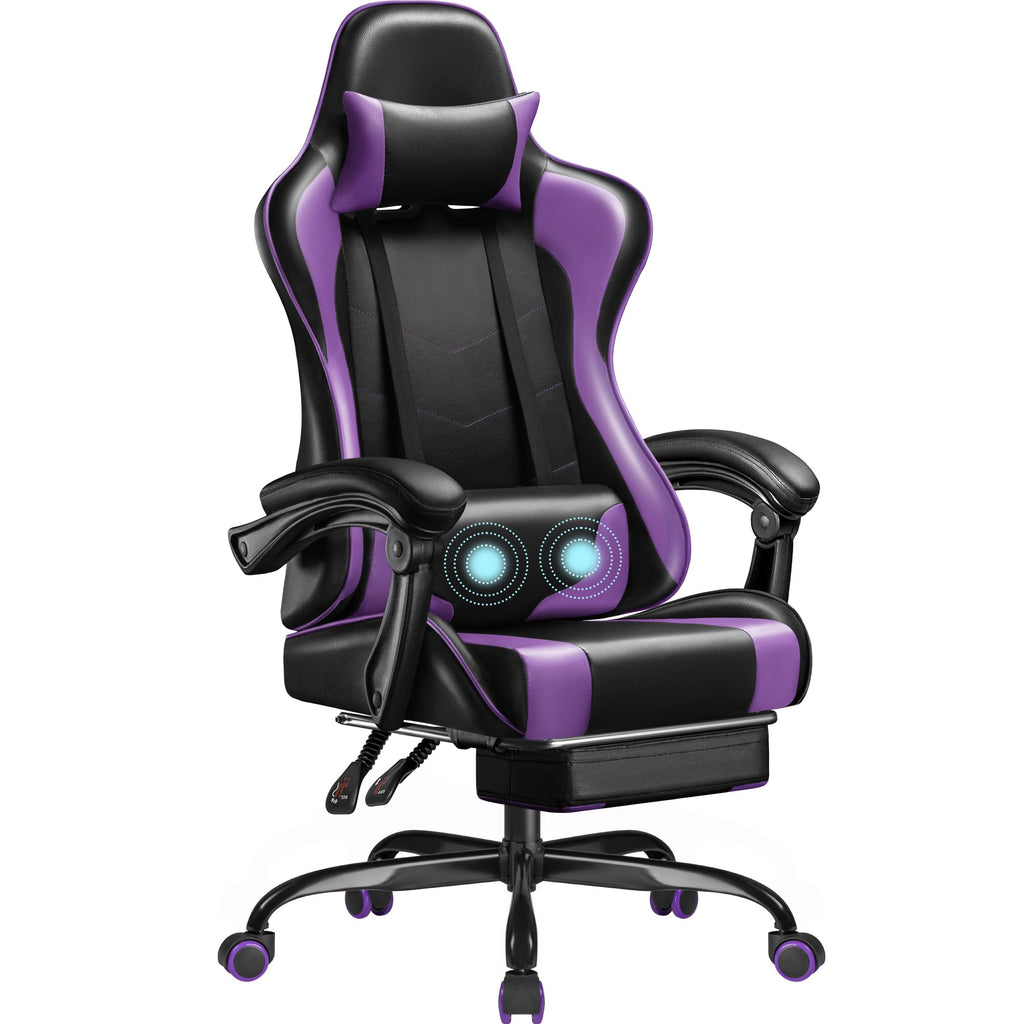 Gaming Chair, Video Game Chair with Footrest and Massage Lumbar Support, Ergonomic Computer Chair Height Adjustable with Swivel Seat and Headrest (Purple)