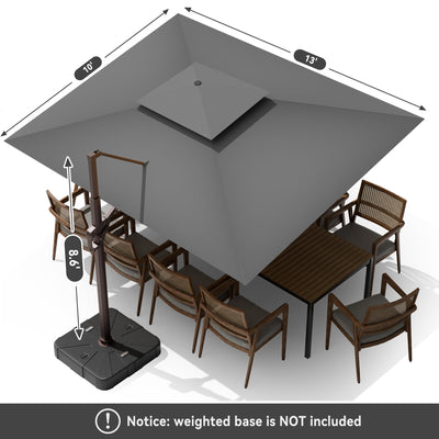 10 X 13 FT Cantilever Outdoor Patio Umbrella with Led Lights Large Heavy Duty 360° Rotation Double Top Offset Rectangular Umbrellas for Backyard Garden Pool Outside Deck, Grey